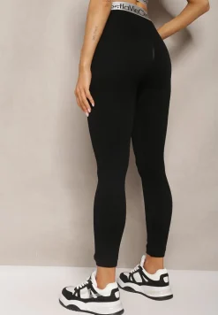 Czarne Sportowe Legginsy Elastyczne z Ozdobną Szeroką Gumą w Pasie Larnode