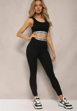 Czarne Sportowe Legginsy Elastyczne z Ozdobną Szeroką Gumą w Pasie Larnode