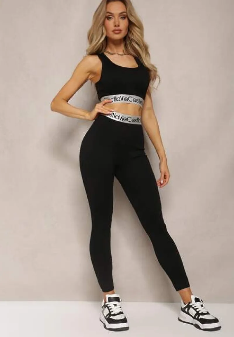 Czarne Sportowe Legginsy Elastyczne z Ozdobną Szeroką Gumą w Pasie Larnode