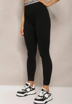 Czarne Sportowe Legginsy Elastyczne z Ozdobną Szeroką Gumą w Pasie Larnode