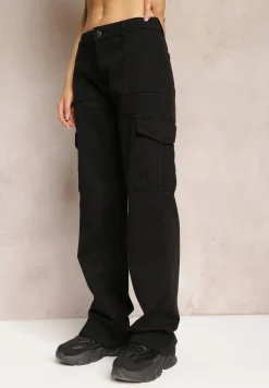 Czarne Szerokie Jeansy Cargo z Elastycznej Bawełny Ganiaba