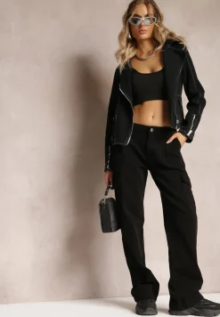 Czarne Szerokie Jeansy Cargo z Elastycznej Bawełny Ganiaba