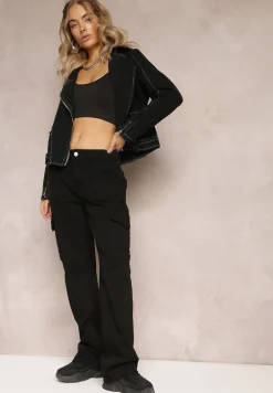 Czarne Szerokie Jeansy Cargo z Elastycznej Bawełny Ganiaba