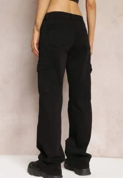 Czarne Szerokie Jeansy Cargo z Elastycznej Bawełny Ganiaba