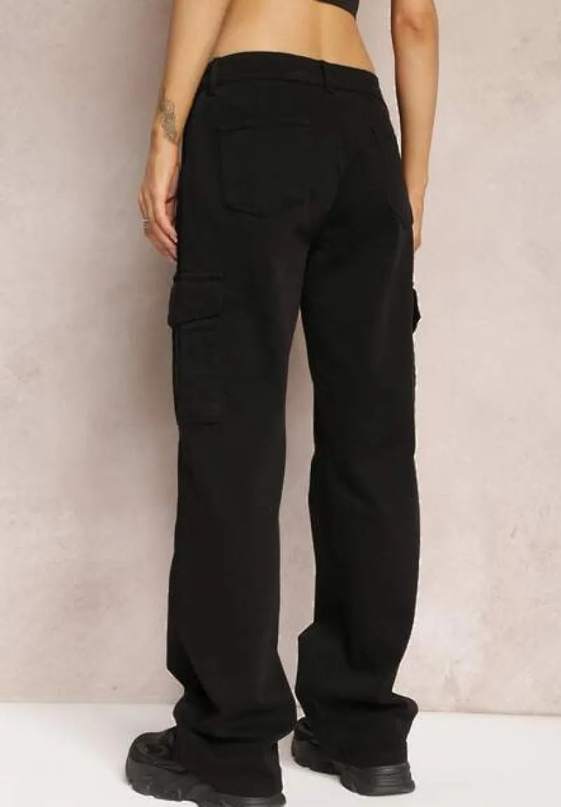 Czarne Szerokie Jeansy Cargo z Elastycznej Bawełny Ganiaba