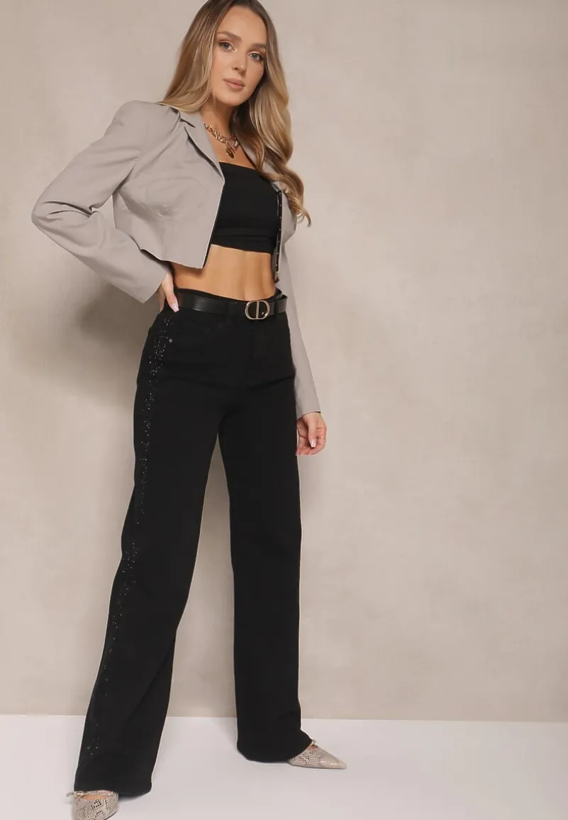 Czarne Szerokie Jeansy High Waist z Cyrkoniowym Zdobieniem Nusamira