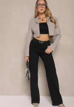 Czarne Szerokie Jeansy High Waist z Cyrkoniowym Zdobieniem Nusamira