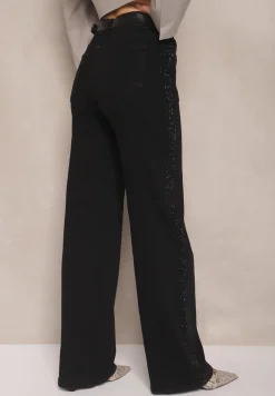Czarne Szerokie Jeansy High Waist z Cyrkoniowym Zdobieniem Nusamira