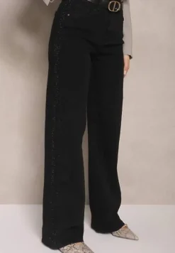 Czarne Szerokie Jeansy High Waist z Cyrkoniowym Zdobieniem Nusamira