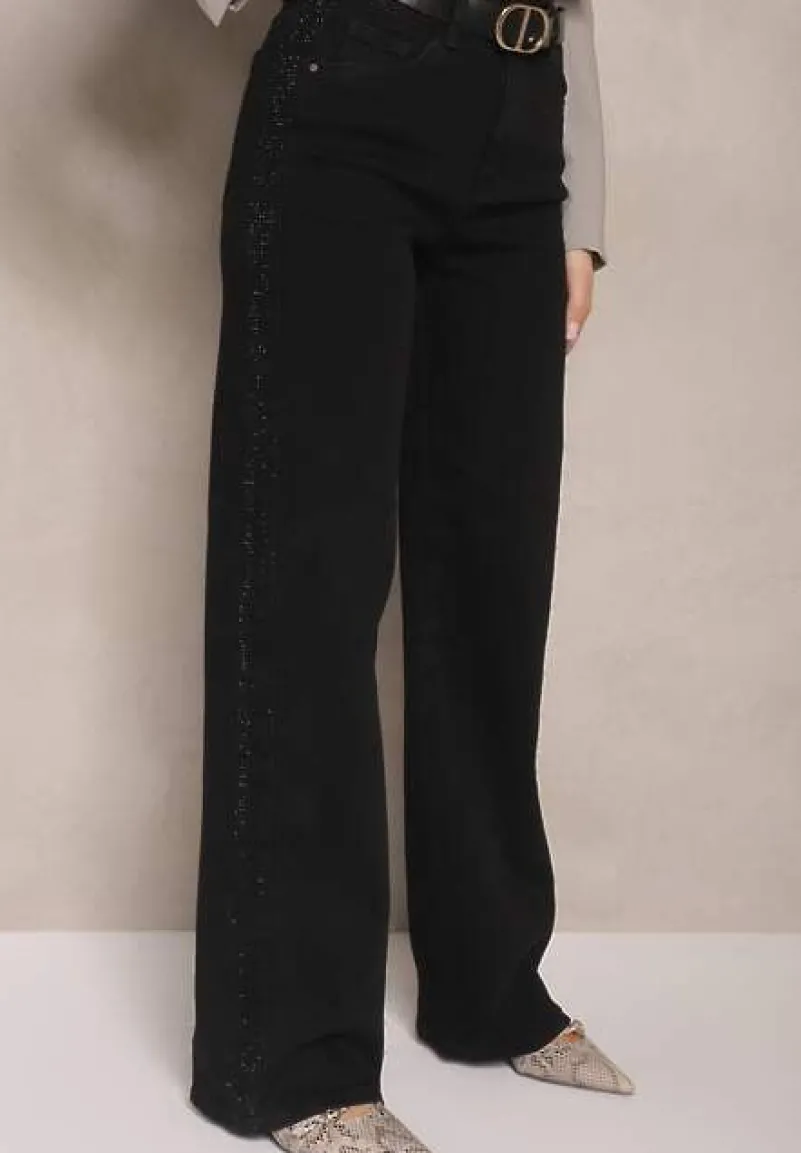 Czarne Szerokie Jeansy High Waist z Cyrkoniowym Zdobieniem Nusamira