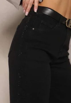 Czarne Szerokie Jeansy High Waist z Cyrkoniowym Zdobieniem Nusamira