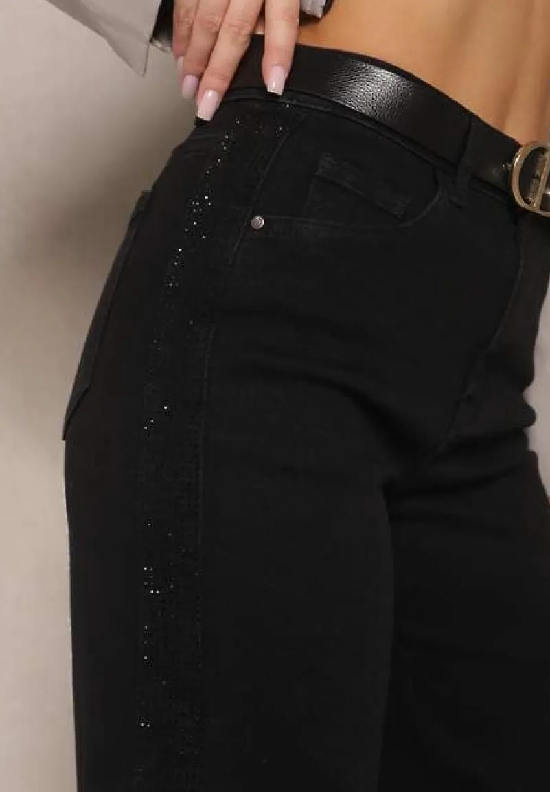 Czarne Szerokie Jeansy High Waist z Cyrkoniowym Zdobieniem Nusamira