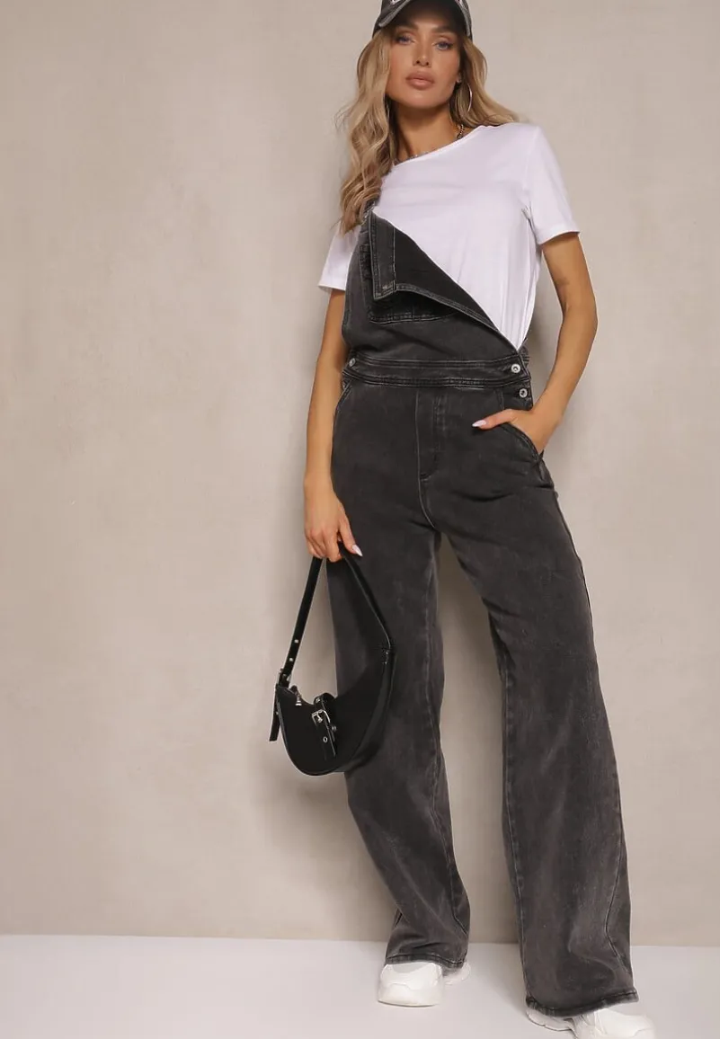 Czarne Szerokie Jeansy Ogrodniczki z Bawełny Ozdobione Kieszonką Erathra