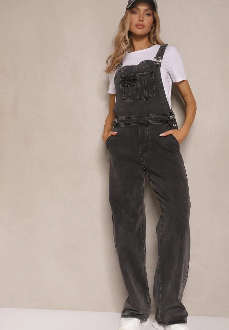 Czarne Szerokie Jeansy Ogrodniczki z Bawełny Ozdobione Kieszonką Erathra