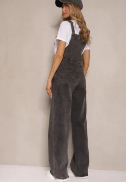 Czarne Szerokie Jeansy Ogrodniczki z Bawełny Ozdobione Kieszonką Erathra