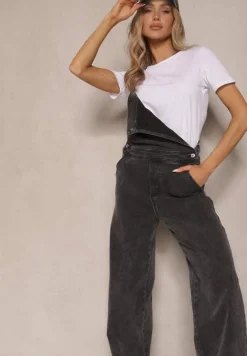 Czarne Szerokie Jeansy Ogrodniczki z Bawełny Ozdobione Kieszonką Erathra