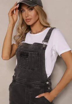 Czarne Szerokie Jeansy Ogrodniczki z Bawełny Ozdobione Kieszonką Erathra