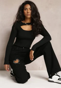 Czarne Szerokie Jeansy w Cyrkonie i Wycięciem Serca Inove