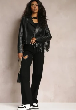 Czarne Szerokie Jeansy w Cyrkonie i Wycięciem Serca Inove