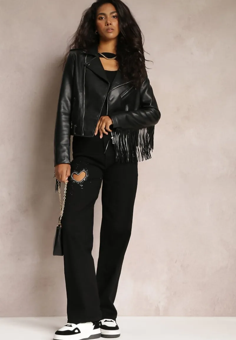 Czarne Szerokie Jeansy w Cyrkonie i Wycięciem Serca Inove