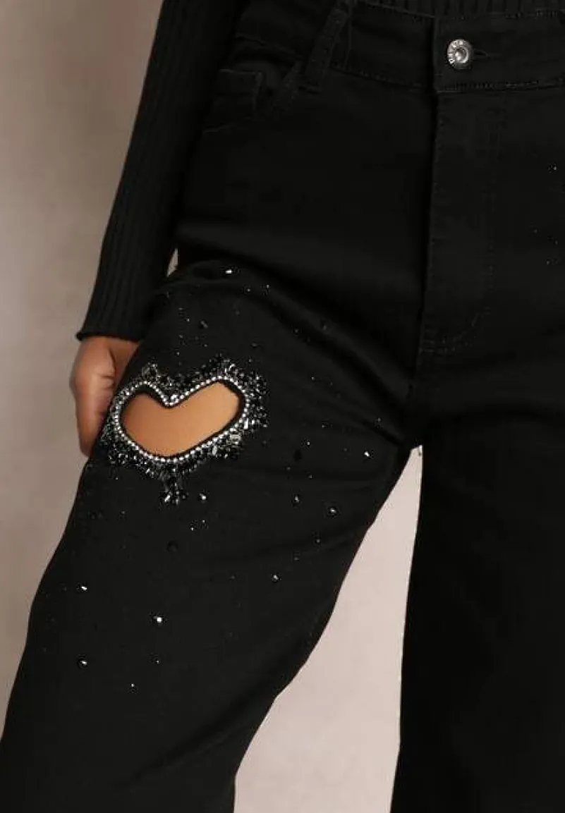 Czarne Szerokie Jeansy w Cyrkonie i Wycięciem Serca Inove