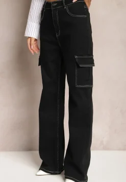 Czarne Szerokie Jeansy z Kieszeniami Cargo Nelsine