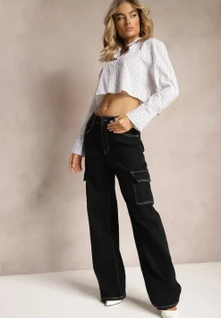 Czarne Szerokie Jeansy z Kieszeniami Cargo Nelsine