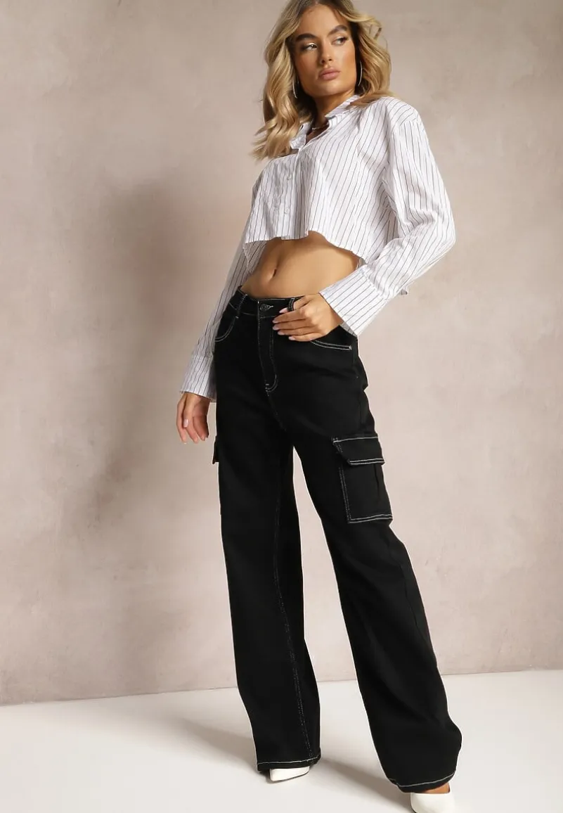Czarne Szerokie Jeansy z Kieszeniami Cargo Nelsine