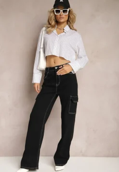 Czarne Szerokie Jeansy z Kieszeniami Cargo Nelsine