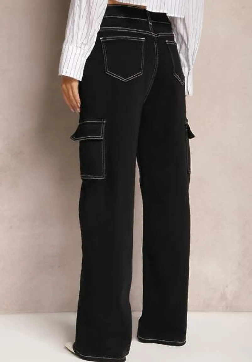 Czarne Szerokie Jeansy z Kieszeniami Cargo Nelsine
