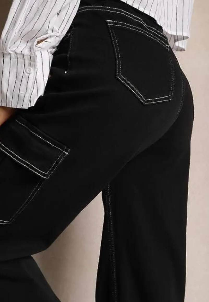 Czarne Szerokie Jeansy z Kieszeniami Cargo Nelsine