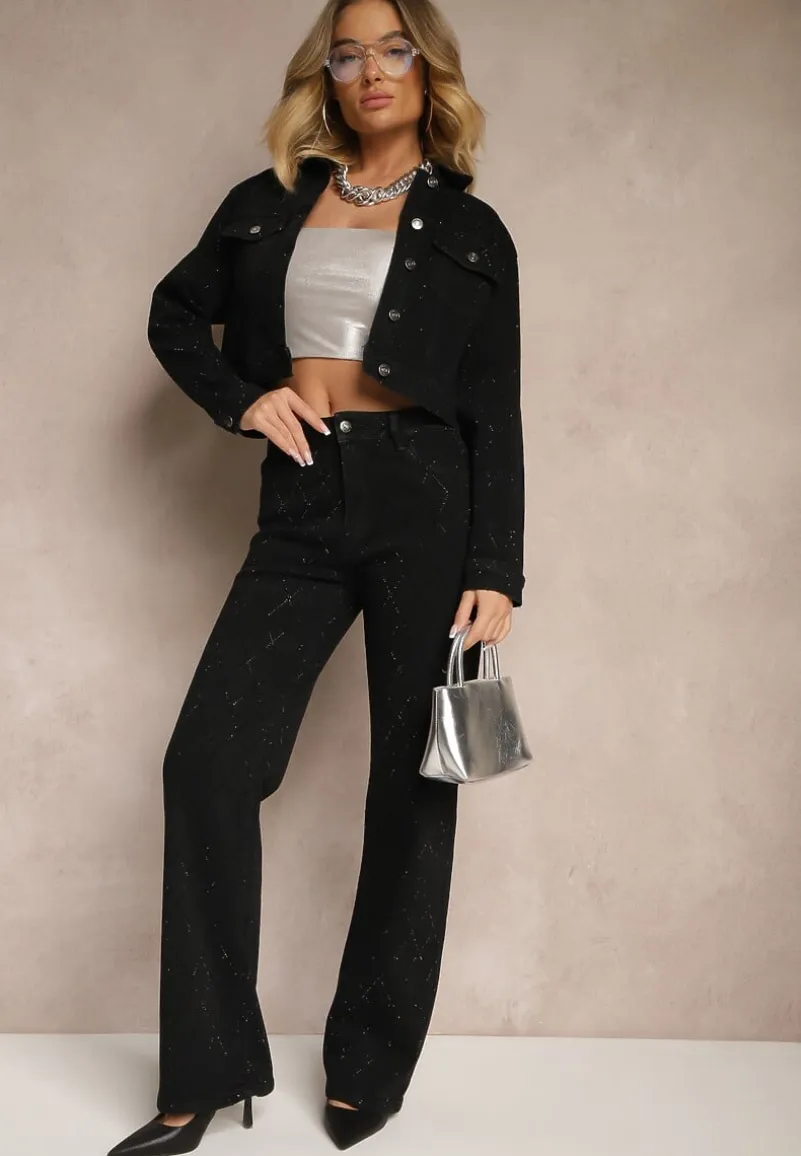 Czarne Szerokie Jeansy z Bawełną High Waist z Cyrkoniami Aslevia