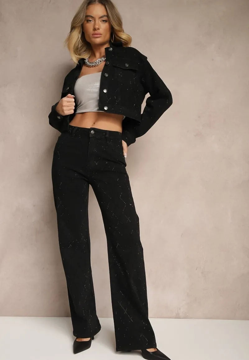 Czarne Szerokie Jeansy z Bawełną High Waist z Cyrkoniami Aslevia