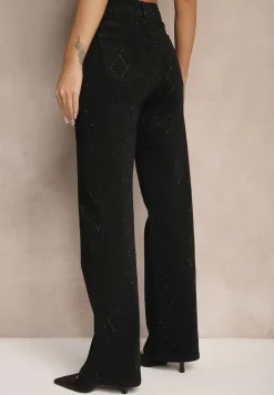 Czarne Szerokie Jeansy z Bawełną High Waist z Cyrkoniami Aslevia