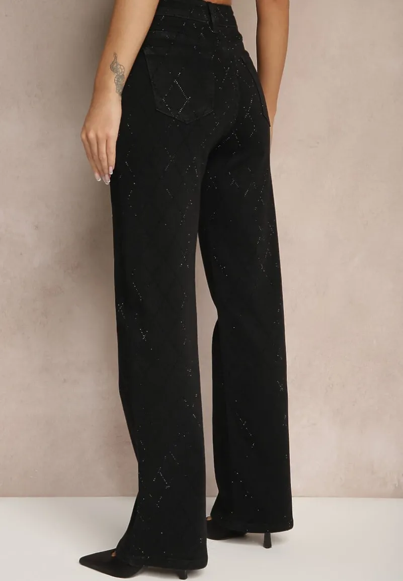 Czarne Szerokie Jeansy z Bawełną High Waist z Cyrkoniami Aslevia