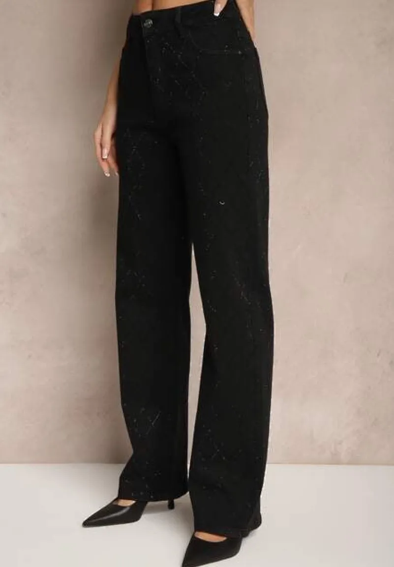 Czarne Szerokie Jeansy z Bawełną High Waist z Cyrkoniami Aslevia