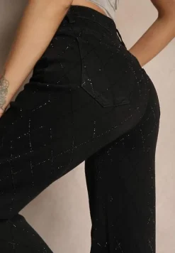 Czarne Szerokie Jeansy z Bawełną High Waist z Cyrkoniami Aslevia