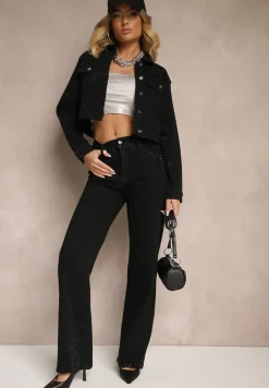 Czarne Szerokie Jeansy z Bawełną High Waist Xarseli