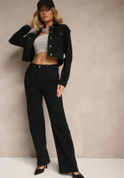 Czarne Szerokie Jeansy z Bawełną High Waist Xarseli