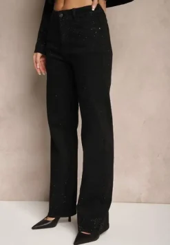 Czarne Szerokie Jeansy z Bawełną High Waist Xarseli