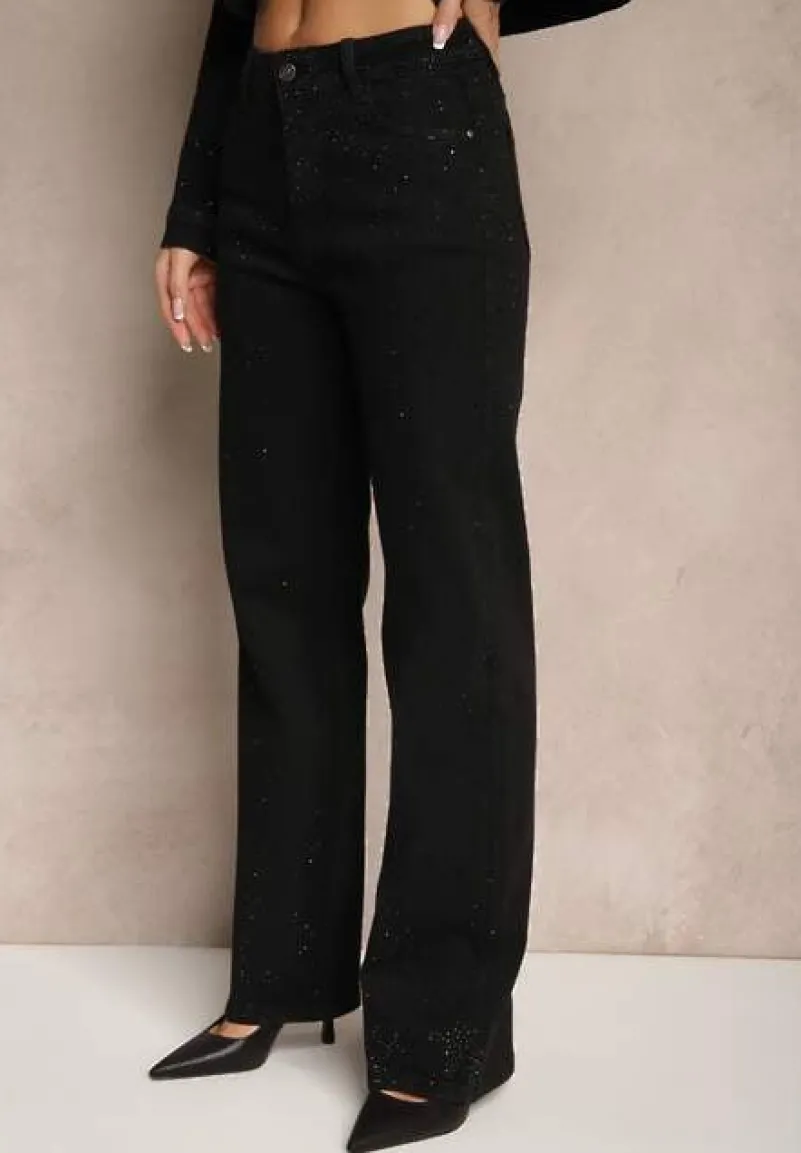 Czarne Szerokie Jeansy z Bawełną High Waist Xarseli