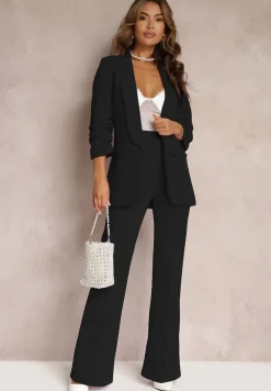 Czarne Szerokie Spodnie Garniturowe z Wysokim Stanem i Gumką w Talii Meaba