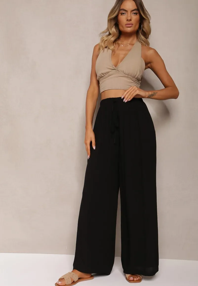 Czarne Szerokie Spodnie High Waist z Gumką w Talii Ilnena