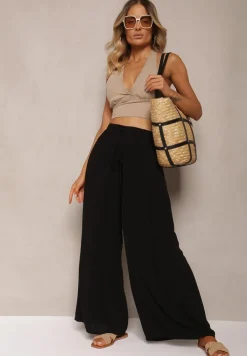 Czarne Szerokie Spodnie High Waist z Gumką w Talii Ilnena