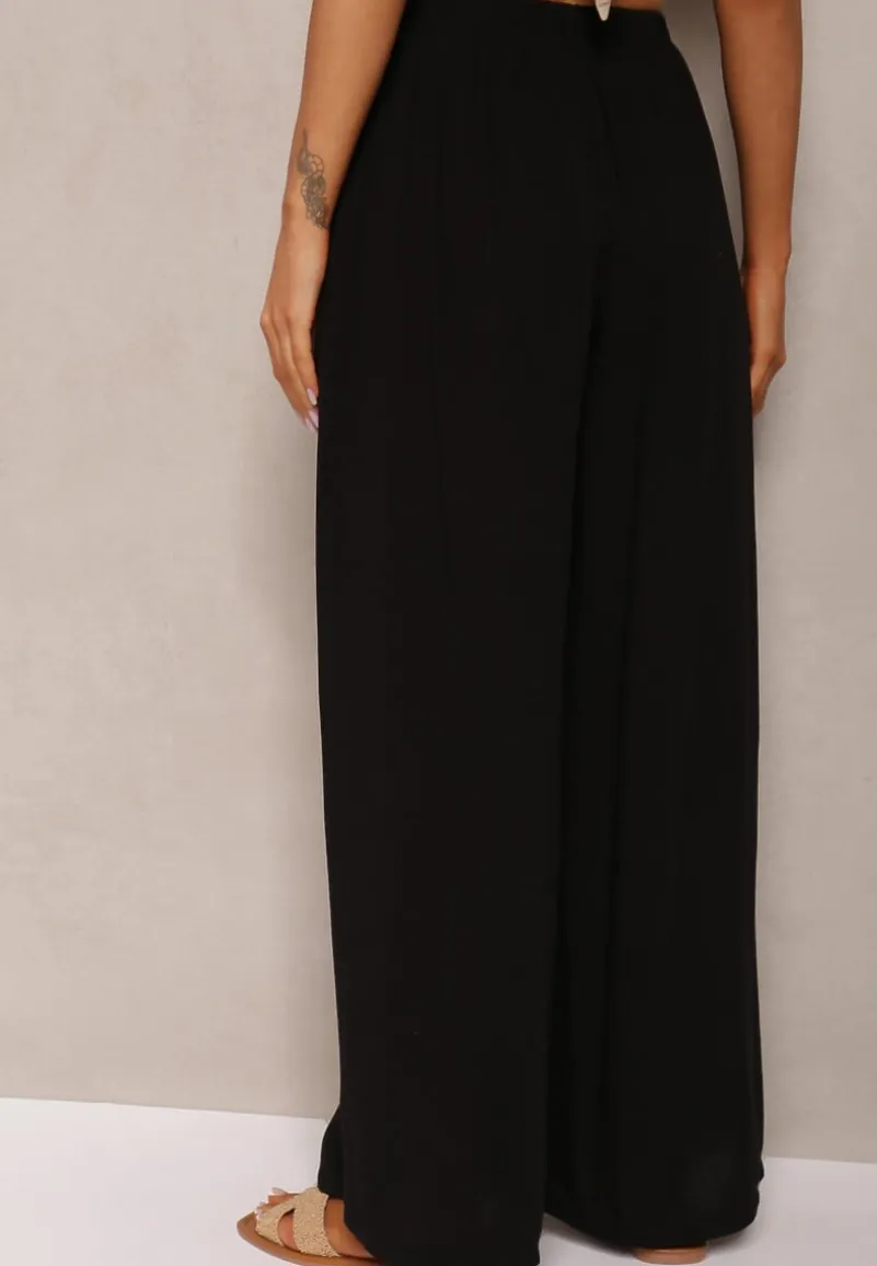 Czarne Szerokie Spodnie High Waist z Gumką w Talii Ilnena