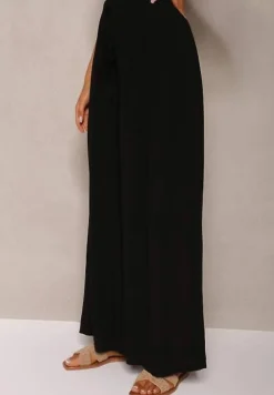 Czarne Szerokie Spodnie High Waist z Gumką w Talii Ilnena