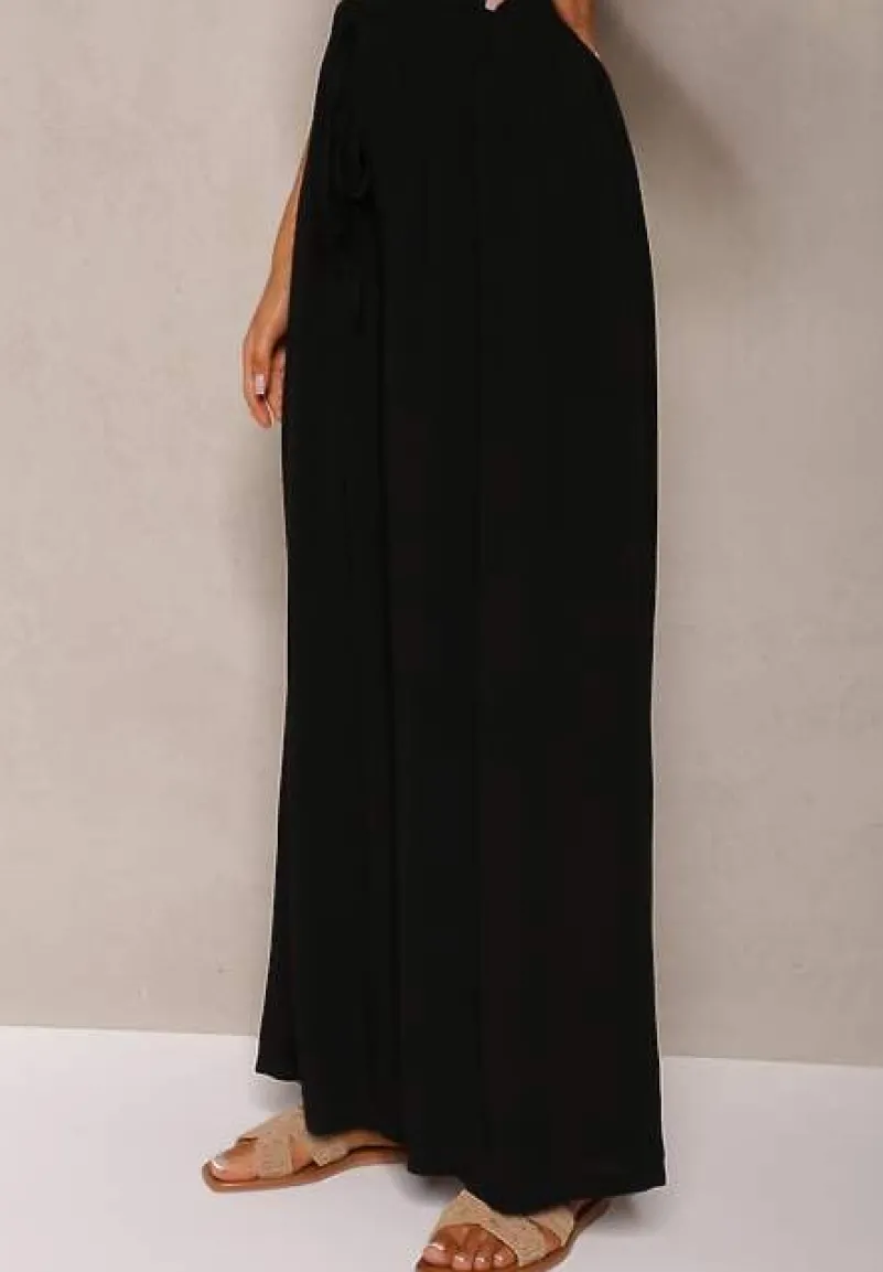 Czarne Szerokie Spodnie High Waist z Gumką w Talii Ilnena