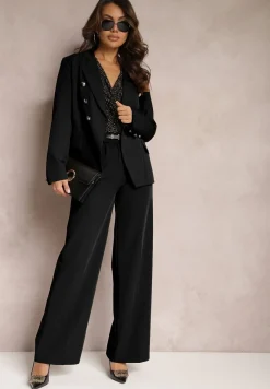 Czarne Szerokie Spodnie High Waist z Gumką w Pasie Eternel