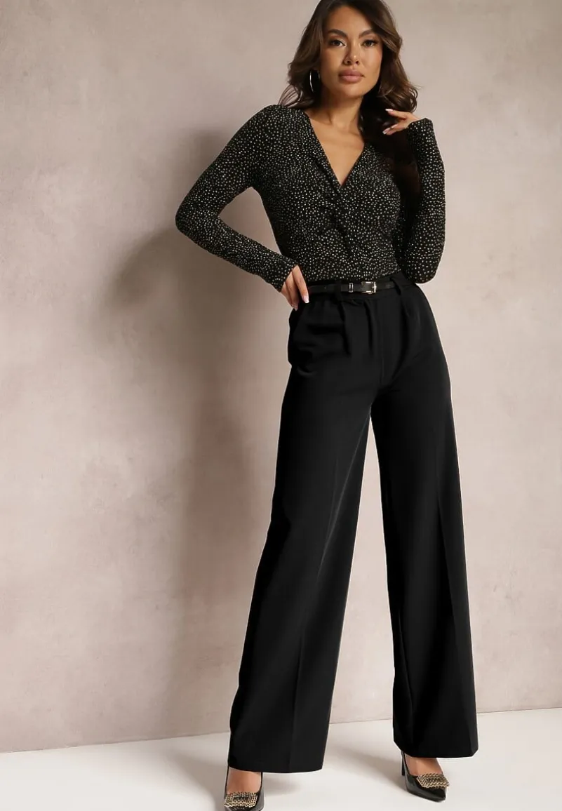 Czarne Szerokie Spodnie High Waist z Gumką w Pasie Eternel