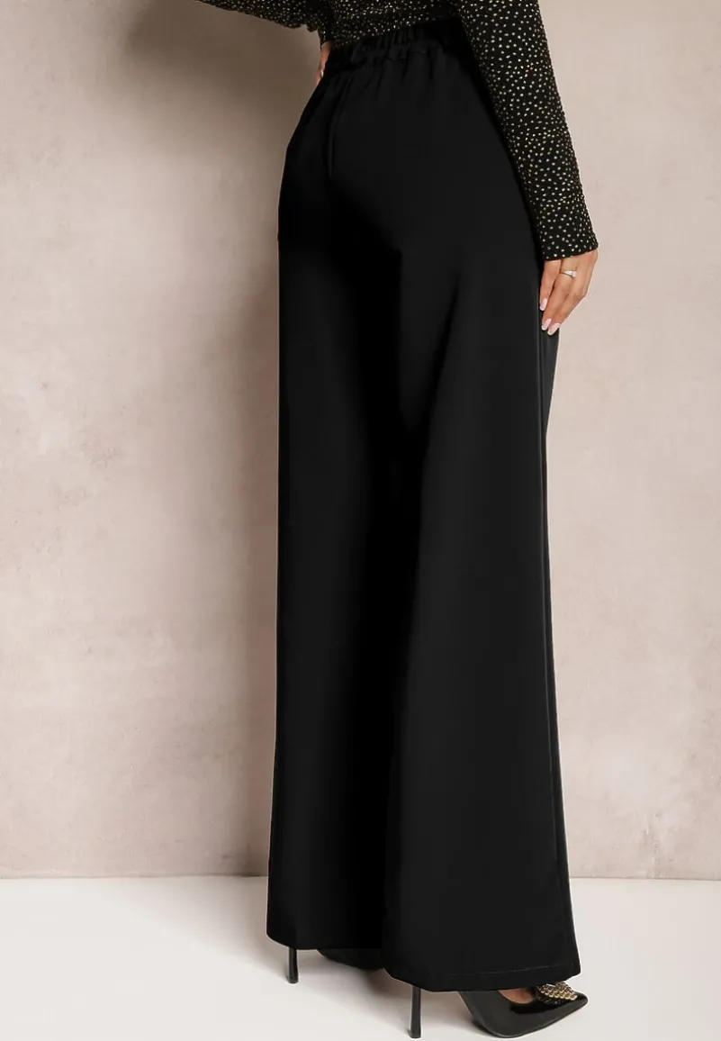 Czarne Szerokie Spodnie High Waist z Gumką w Pasie Eternel